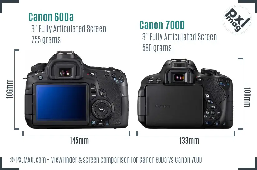 Canon 60Da vs Canon 700D Screen and Viewfinder comparison