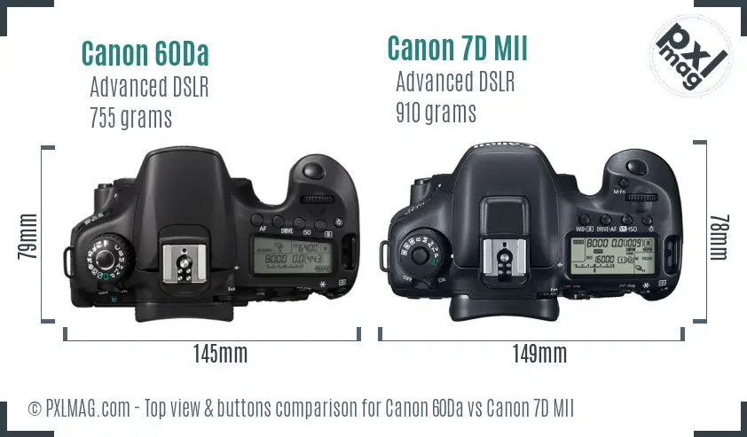 Canon 60Da vs Canon 7D MII top view buttons comparison