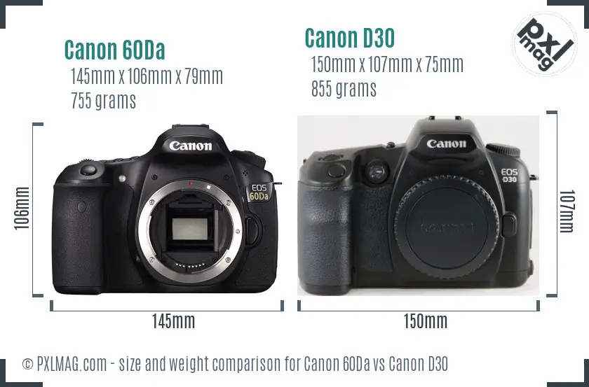 Canon 60Da vs Canon D30 size comparison