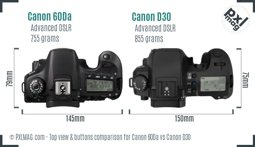 Canon 60Da vs Canon D30 top view buttons comparison