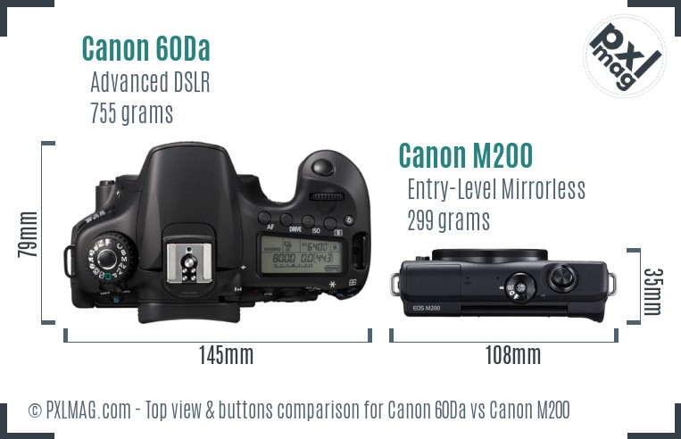 Canon 60Da vs Canon M200 top view buttons comparison