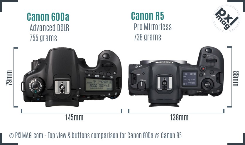 Canon 60Da vs Canon R5 top view buttons comparison