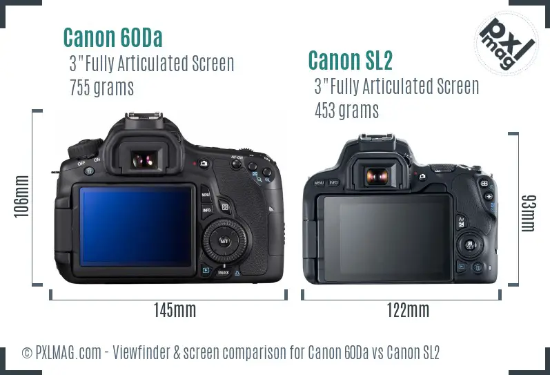 Canon 60Da vs Canon SL2 Screen and Viewfinder comparison