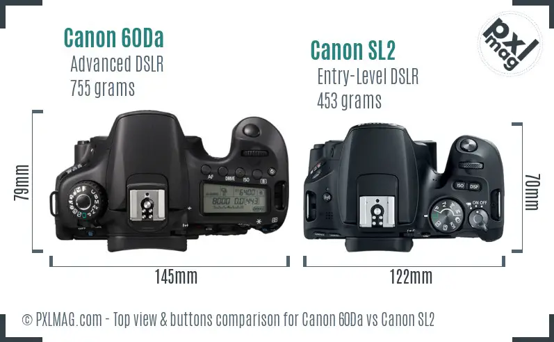 Canon 60Da vs Canon SL2 top view buttons comparison