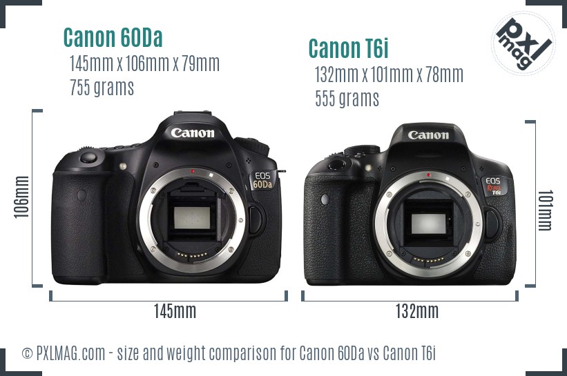 Canon 60Da vs Canon T6i size comparison