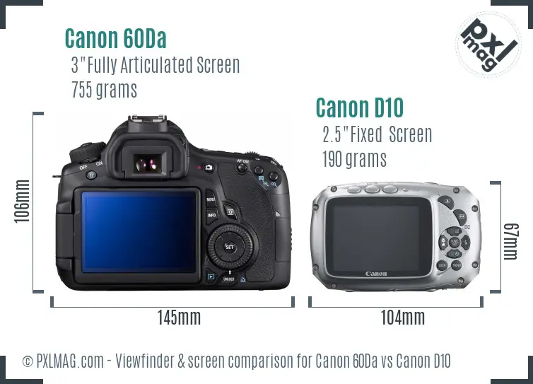 Canon 60Da vs Canon D10 Screen and Viewfinder comparison