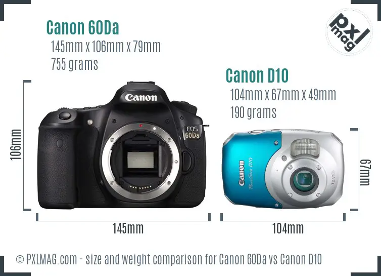Canon 60Da vs Canon D10 size comparison