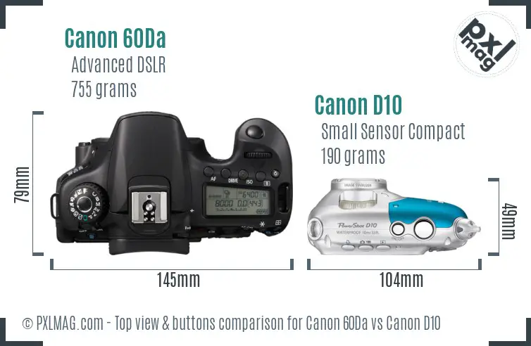 Canon 60Da vs Canon D10 top view buttons comparison