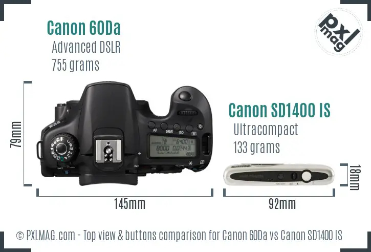 Canon 60Da vs Canon SD1400 IS top view buttons comparison
