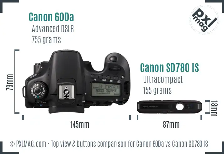 Canon 60Da vs Canon SD780 IS top view buttons comparison