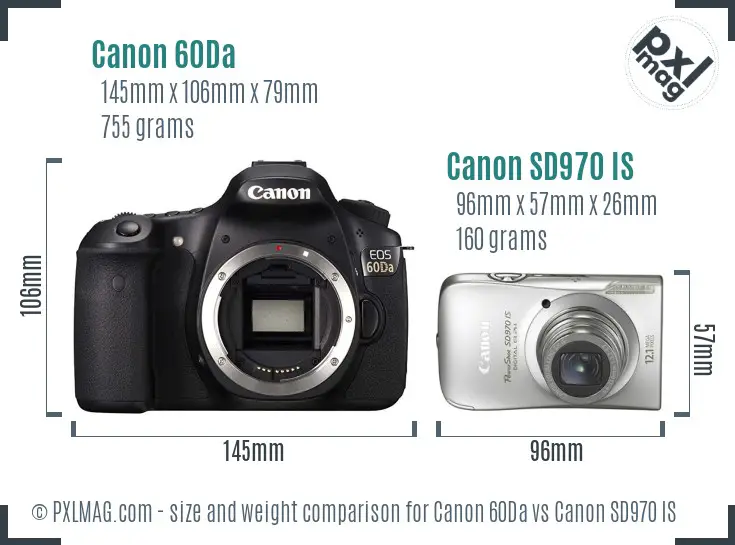 Canon 60Da vs Canon SD970 IS size comparison
