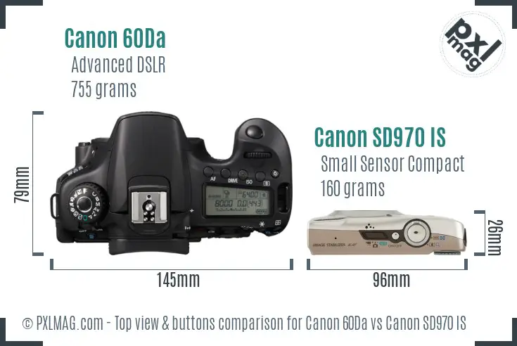 Canon 60Da vs Canon SD970 IS top view buttons comparison