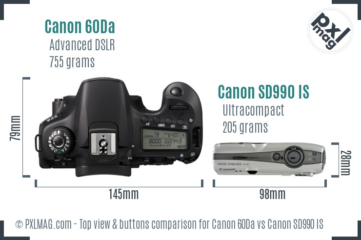 Canon 60Da vs Canon SD990 IS top view buttons comparison