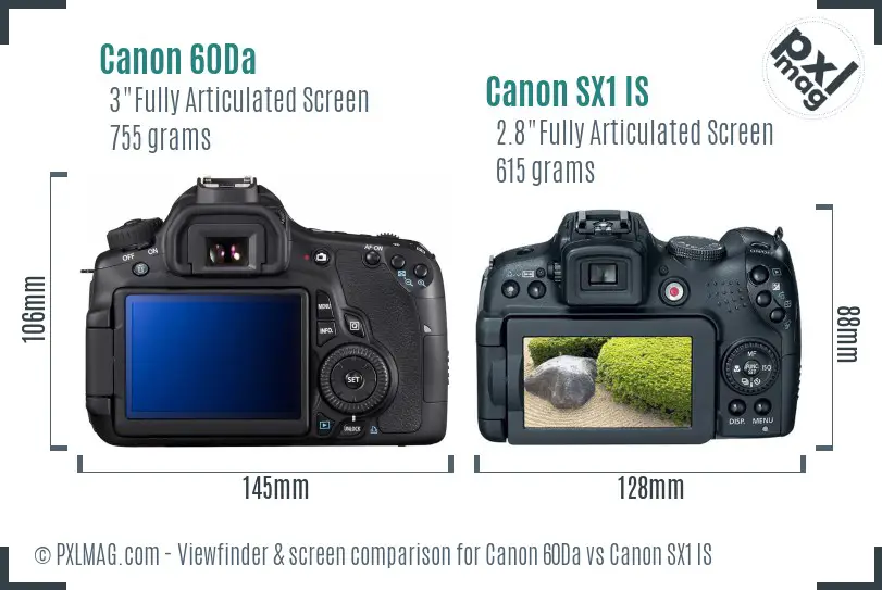 Canon 60Da vs Canon SX1 IS Screen and Viewfinder comparison