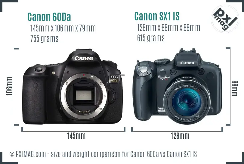 Canon 60Da vs Canon SX1 IS size comparison