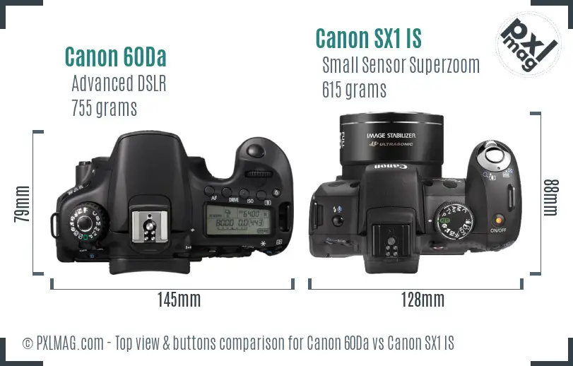 Canon 60Da vs Canon SX1 IS top view buttons comparison