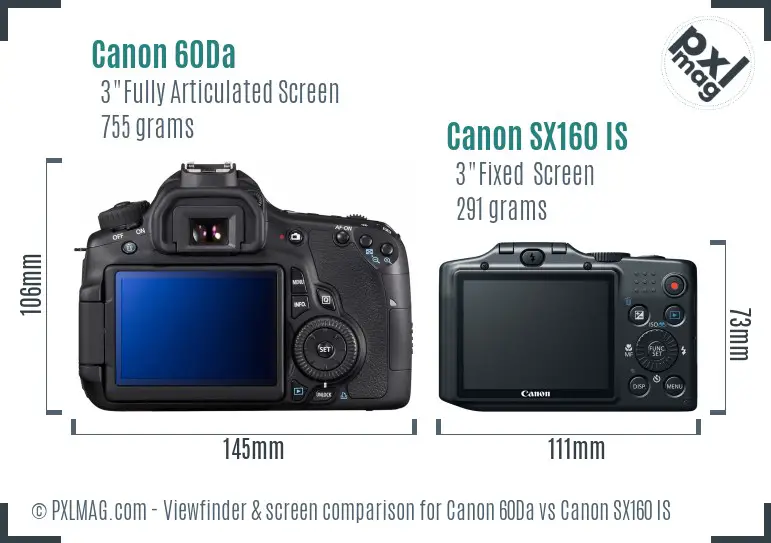 Canon 60Da vs Canon SX160 IS Screen and Viewfinder comparison