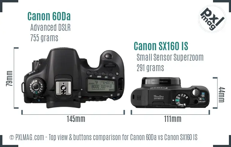 Canon 60Da vs Canon SX160 IS top view buttons comparison