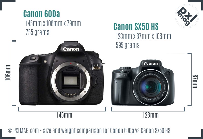 Canon 60Da vs Canon SX50 HS size comparison