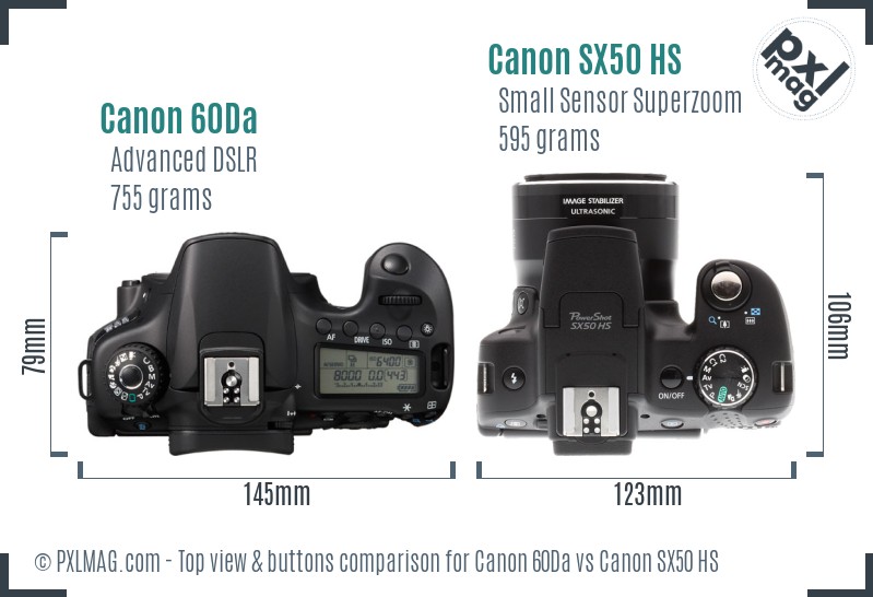 Canon 60Da vs Canon SX50 HS top view buttons comparison