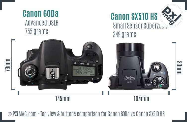 Canon 60Da vs Canon SX510 HS top view buttons comparison