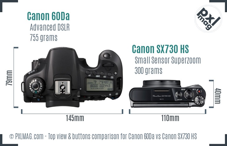 Canon 60Da vs Canon SX730 HS top view buttons comparison