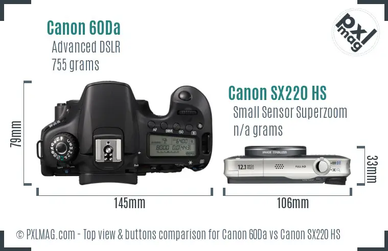 Canon 60Da vs Canon SX220 HS top view buttons comparison