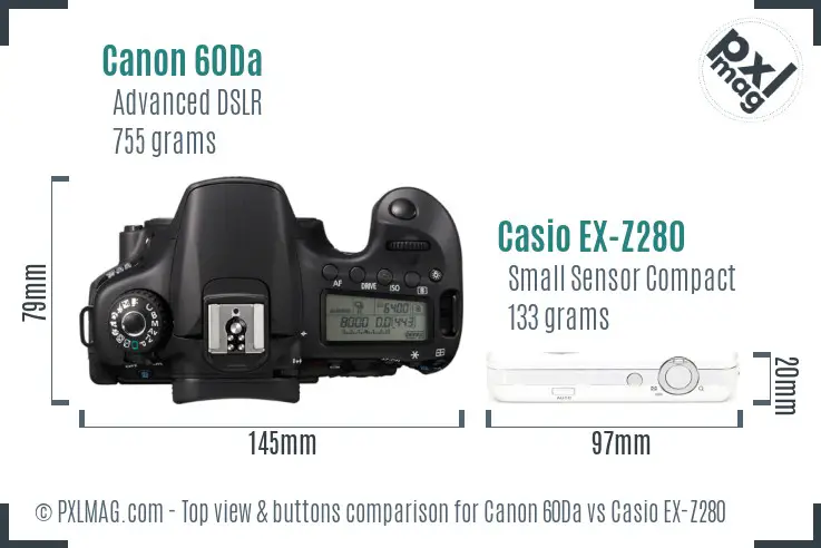 Canon 60Da vs Casio EX-Z280 top view buttons comparison Canon 60Da vs Casio EX-Z280 top view buttons comparison
