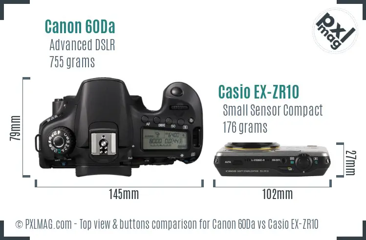 Canon 60Da vs Casio EX-ZR10 top view buttons comparison