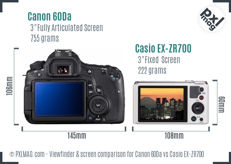 Canon 60Da vs Casio EX-ZR700 Screen and Viewfinder comparison