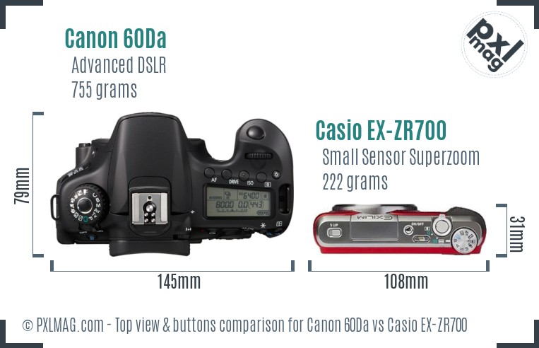 Canon 60Da vs Casio EX-ZR700 top view buttons comparison