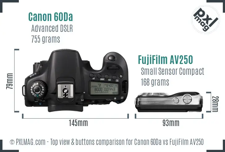 Canon 60Da vs FujiFilm AV250 top view buttons comparison