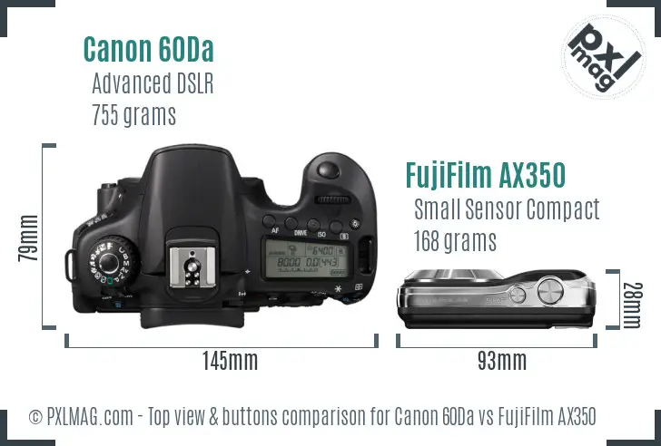 Canon 60Da vs FujiFilm AX350 top view buttons comparison