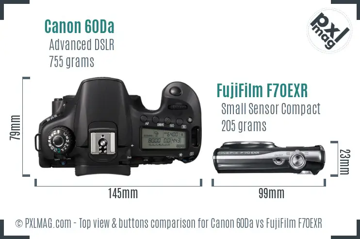 Canon 60Da vs FujiFilm F70EXR top view buttons comparison Canon 60Da vs FujiFilm F70EXR top view buttons comparison
