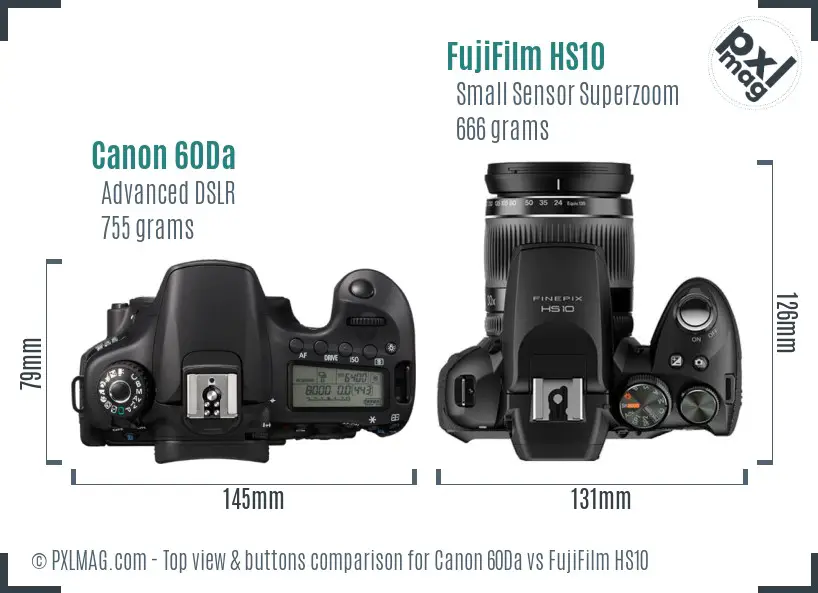 Canon 60Da vs FujiFilm HS10 top view buttons comparison