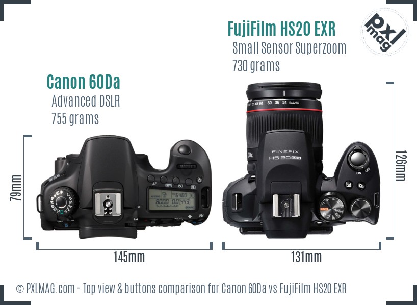 Canon 60Da vs FujiFilm HS20 EXR top view buttons comparison