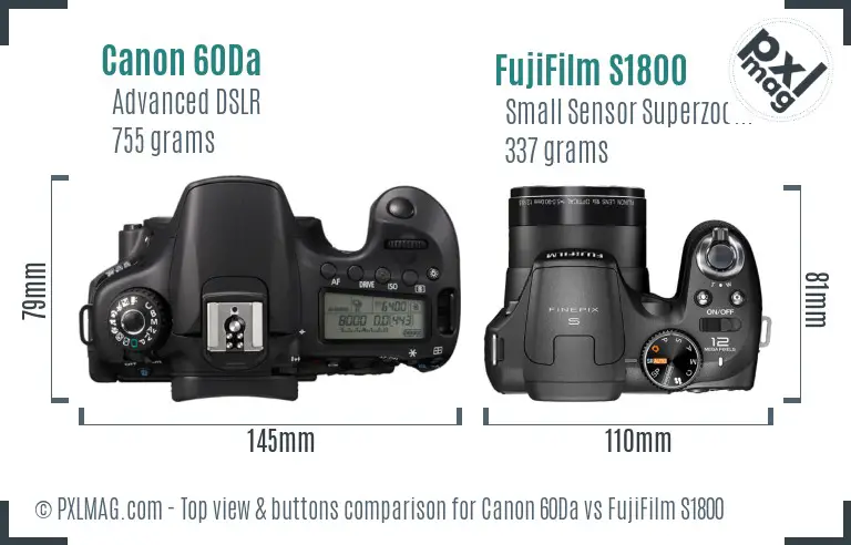 Canon 60Da vs FujiFilm S1800 top view buttons comparison Canon 60Da vs FujiFilm S1800 top view buttons comparison