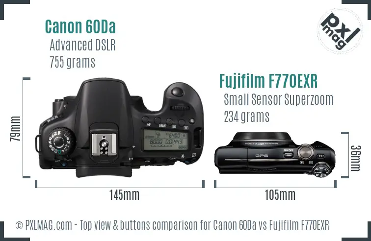 Canon 60Da vs Fujifilm F770EXR top view buttons comparison Canon 60Da vs Fujifilm F770EXR top view buttons comparison
