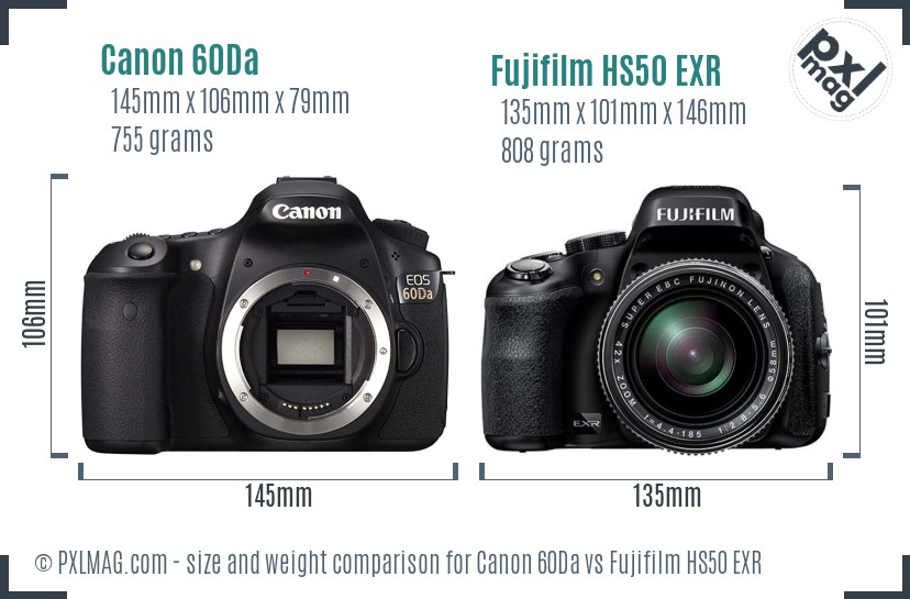 Canon 60Da vs Fujifilm HS50 EXR size comparison