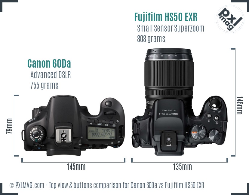 Canon 60Da vs Fujifilm HS50 EXR top view buttons comparison