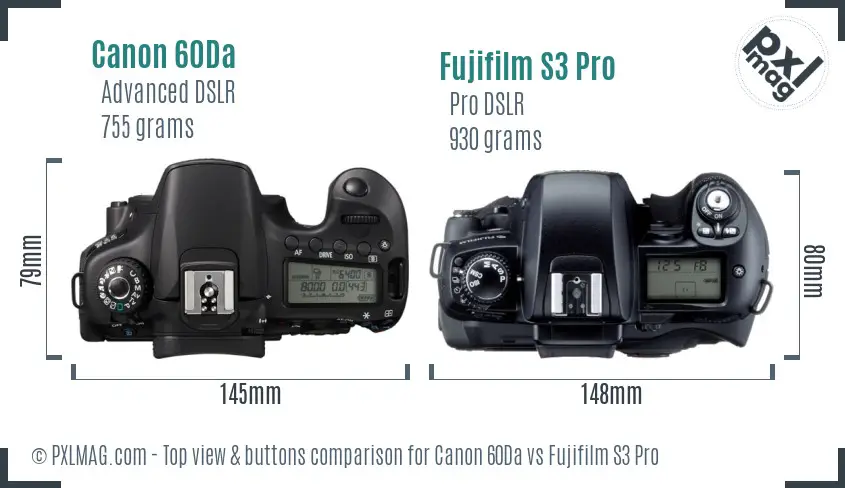 Canon 60Da vs Fujifilm S3 Pro top view buttons comparison