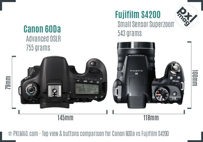 Canon 60Da vs Fujifilm S4200 top view buttons comparison Canon 60Da vs Fujifilm S4200 top view buttons comparison