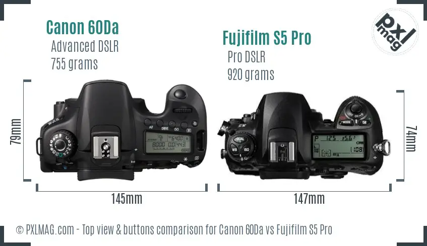 Canon 60Da vs Fujifilm S5 Pro top view buttons comparison