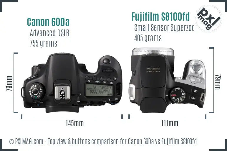 Canon 60Da vs Fujifilm S8100fd top view buttons comparison Canon 60Da vs Fujifilm S8100fd top view buttons comparison