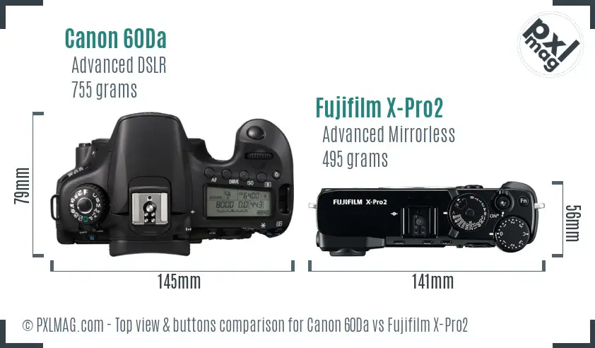 Canon 60Da vs Fujifilm X-Pro2 top view buttons comparison