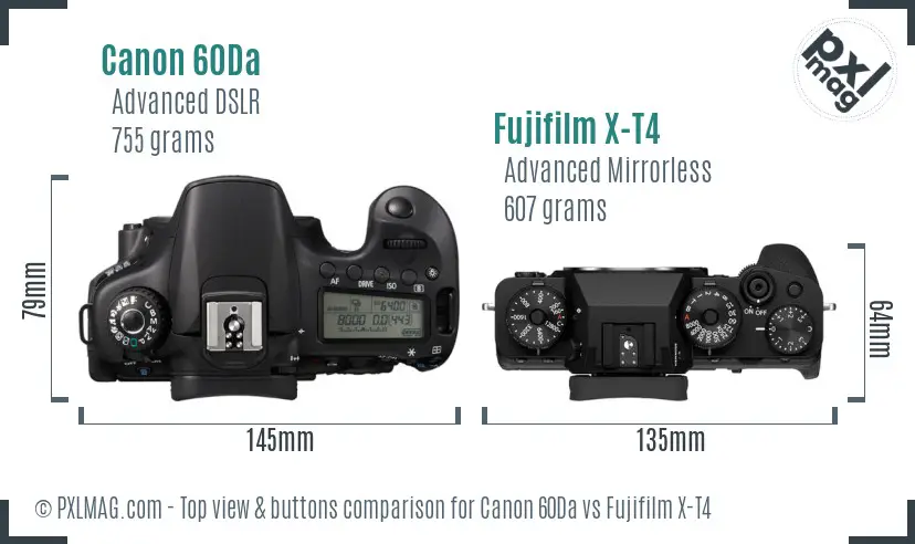 Canon 60Da vs Fujifilm X-T4 top view buttons comparison