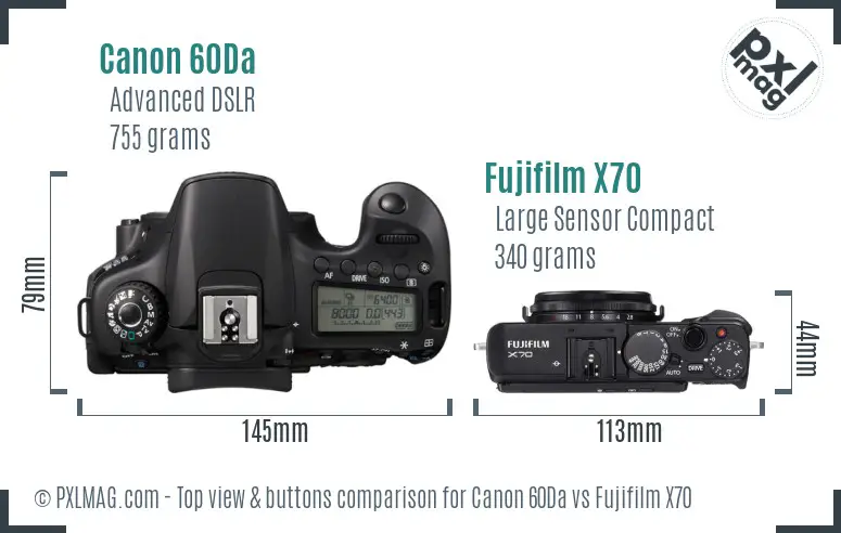 Canon 60Da vs Fujifilm X70 top view buttons comparison