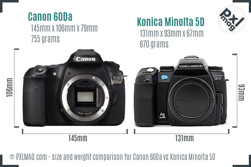 Canon 60Da vs Konica Minolta 5D size comparison