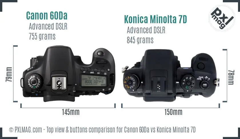 Canon 60Da vs Konica Minolta 7D top view buttons comparison