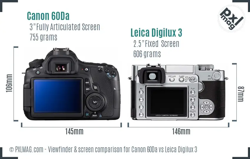 Canon 60Da vs Leica Digilux 3 Screen and Viewfinder comparison